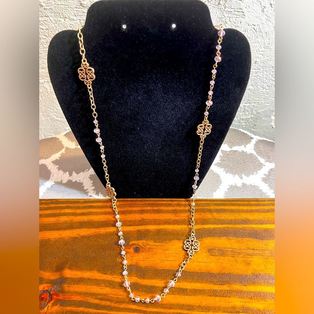 Goldstone Pink Crystal Filagree Long Necklace with Asymmetrical Design layering